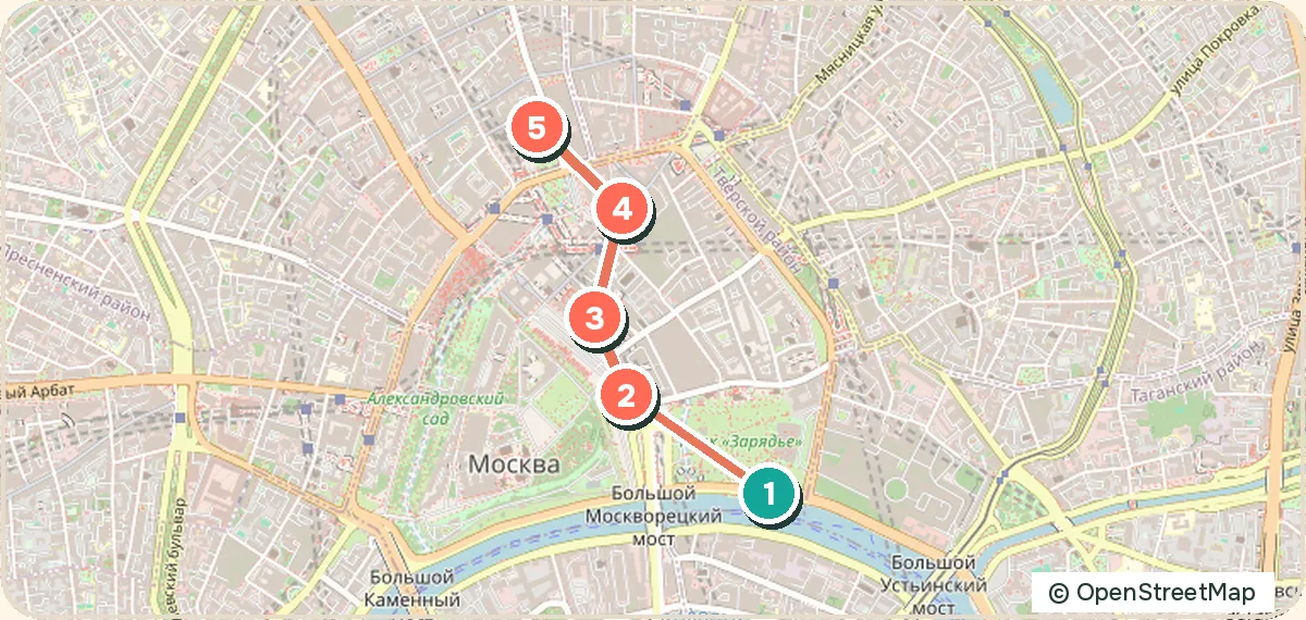 Карта маршрута «Архитектура центра: Зарядье, Красная площадь и Никольская»: 5 точек