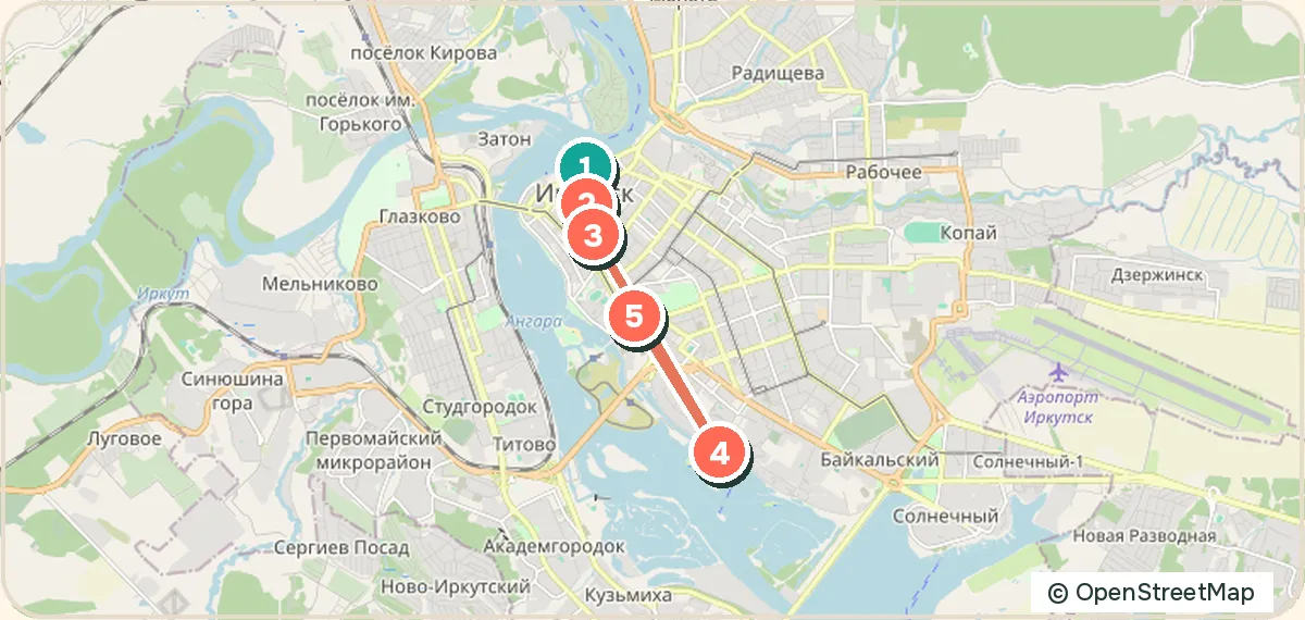 Карта маршрута «Иркутск за день: набережные Ангары»: 5 точек