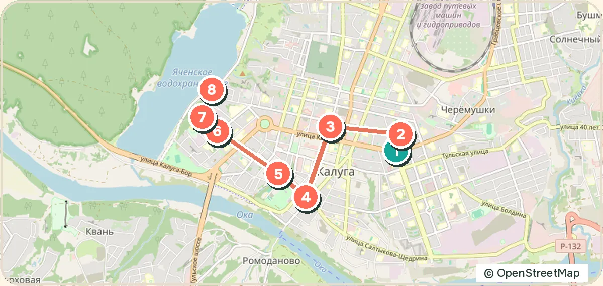 Карта маршрута «Калуга за день: мост, Циолковский и космос»: 8 точек