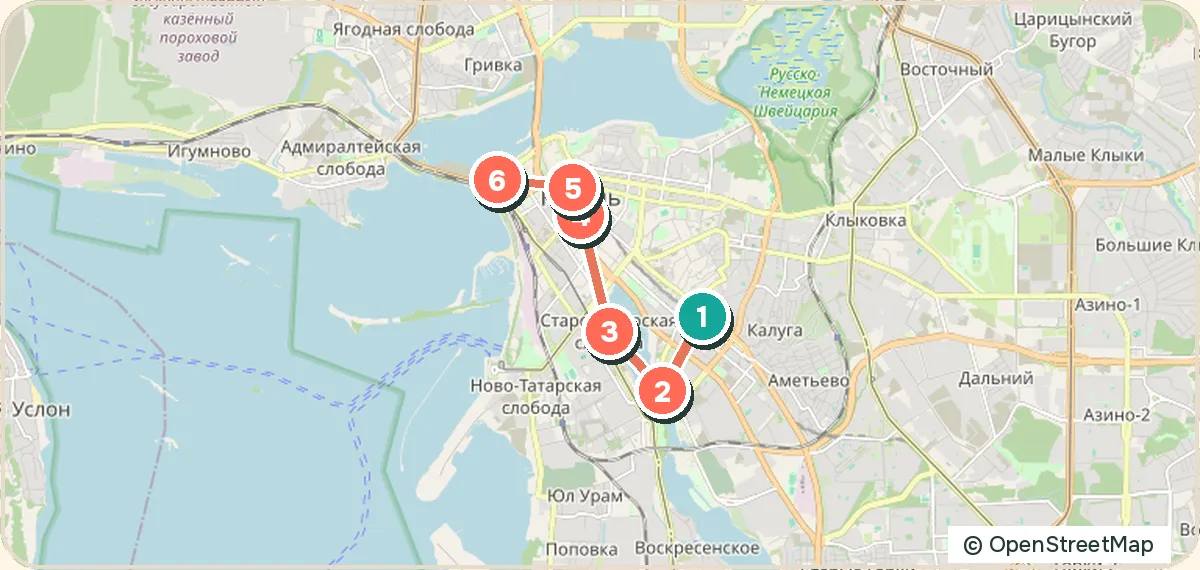 Карта маршрута «Казань за день: слобода и кремль»: 6 точек
