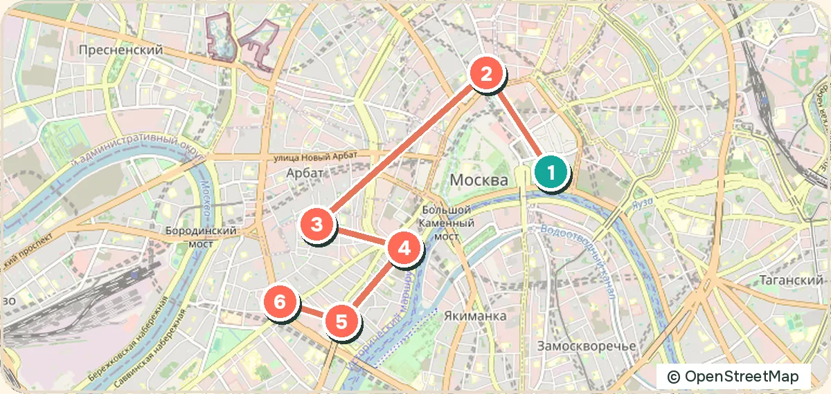 Карта маршрута «Москва за два дня»: 6 точек