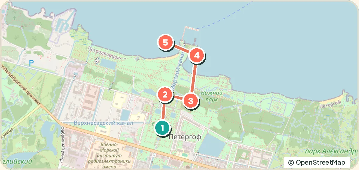 Карта маршрута «На день в Петергоф: фонтаны и Финский залив»: 5 точек
