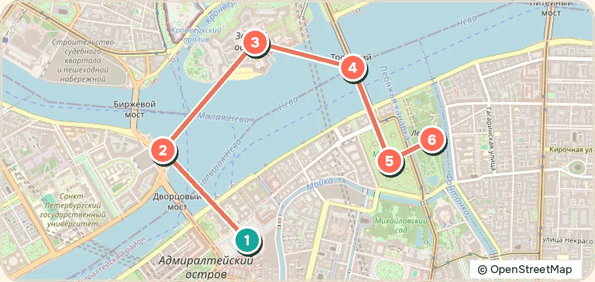 Карта маршрута «Набережные и мосты: от Дворцовой до Летнего сада»: 6 точек