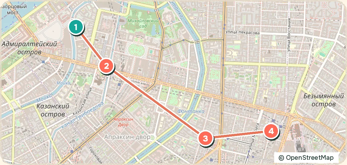Карта маршрута «Открытые дворы и парадные центра»: 4 точек