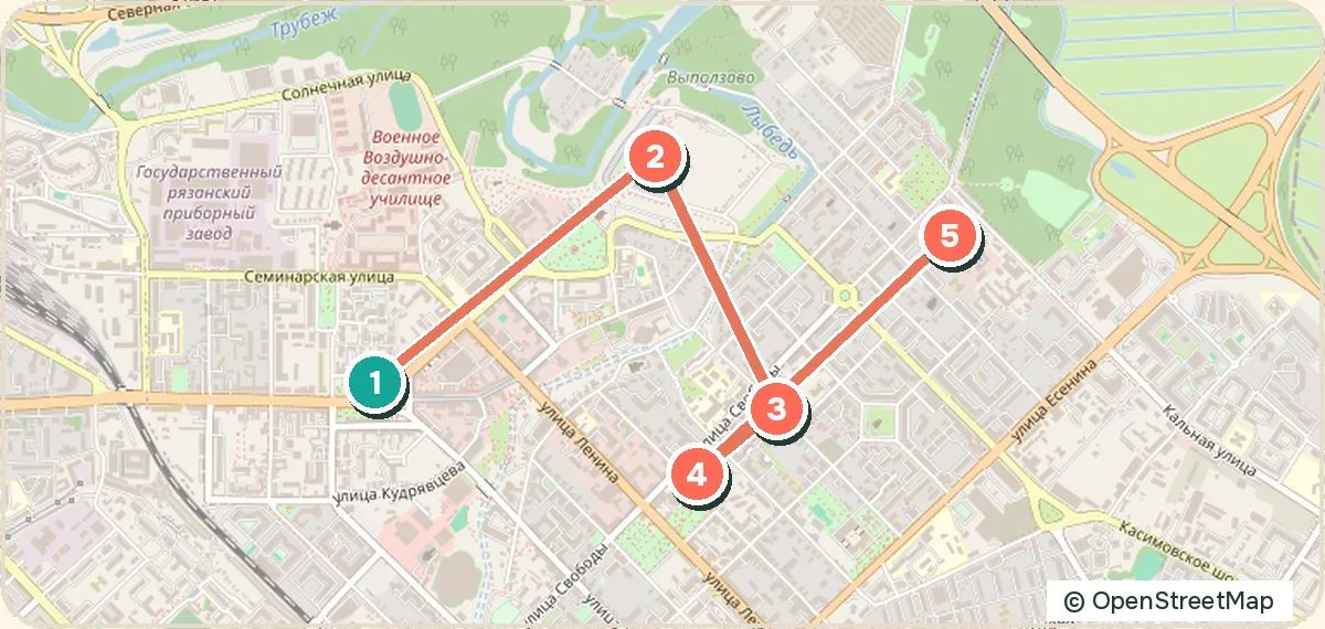 Карта маршрута «Рязань за день: кремль и усадьба Павлова»: 5 точек
