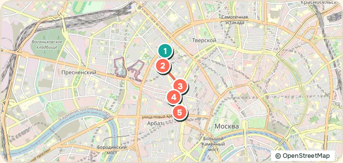 Карта маршрута «Свидание: от Патриарших до Никитского бульвара»: 5 точек