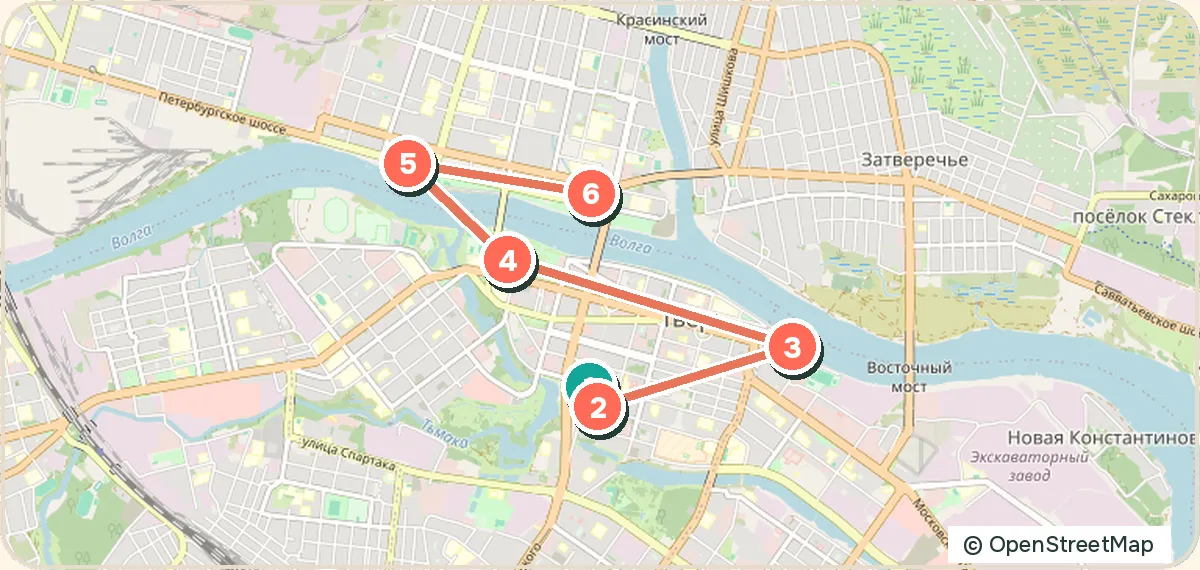 Карта маршрута «Тверь за день: музеи и волжские набережные»: 6 точек