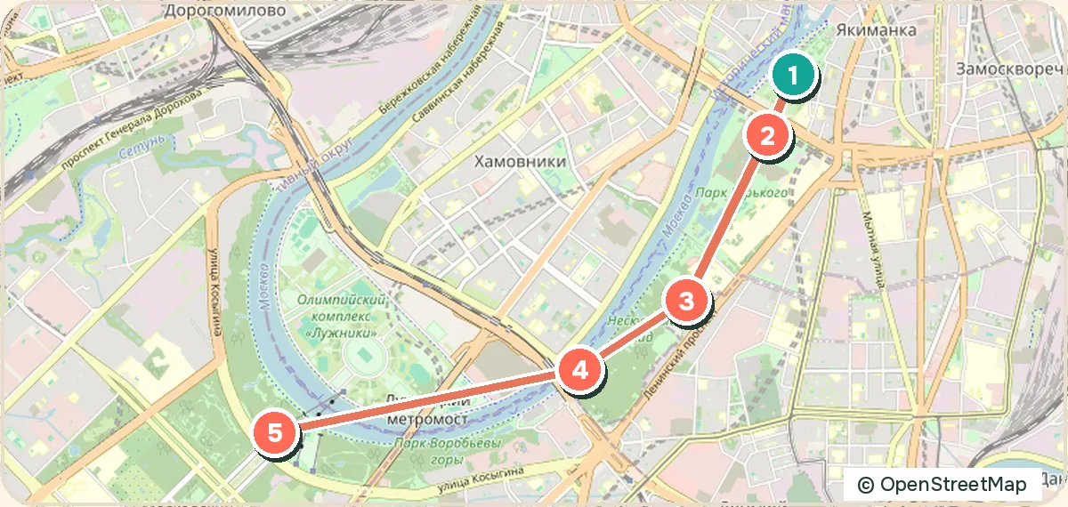 Карта маршрута «Вдоль реки: Музеон, Парк Горького и Воробьёвы горы»: 5 точек
